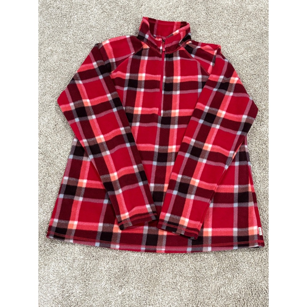Eddie Bauer Womens Red Plaid Fleece Quarter Zip Pullover Sweater Large